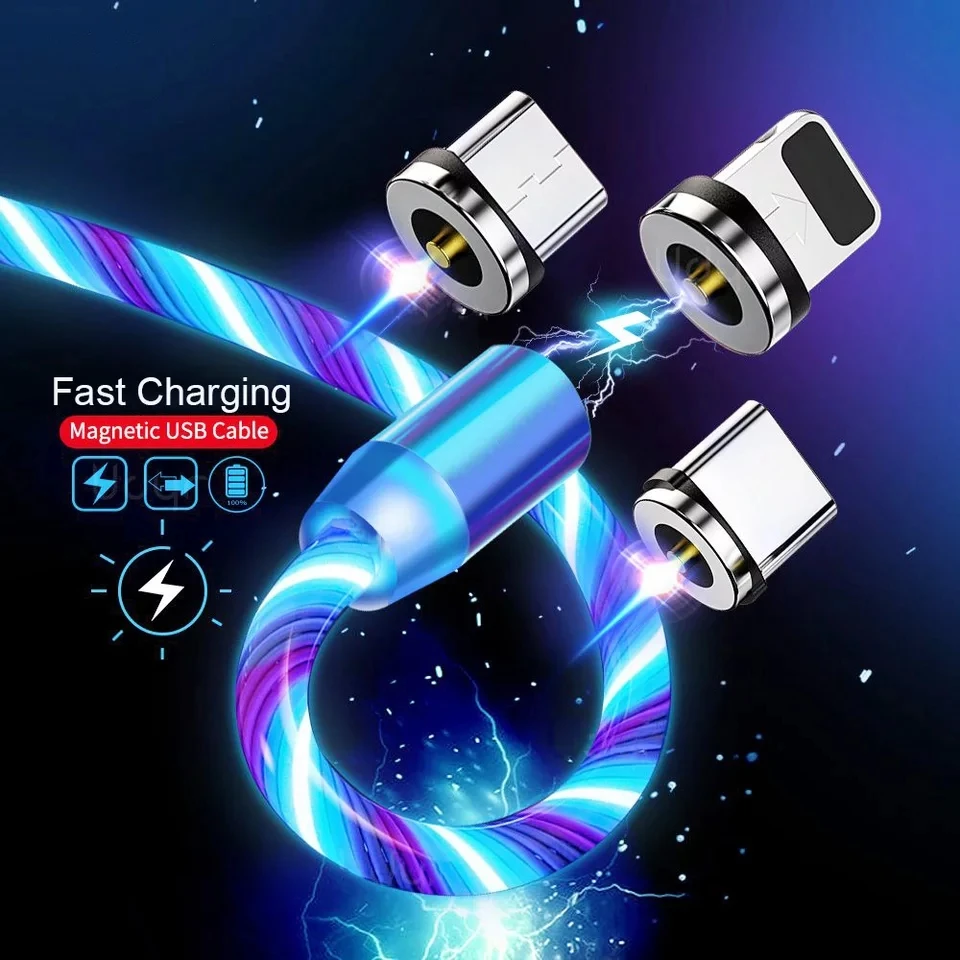 Магнитный кабель со светодиодной подсветкой Micro USB Type C для iPhone 11 Pro Samsung S20 Huawei