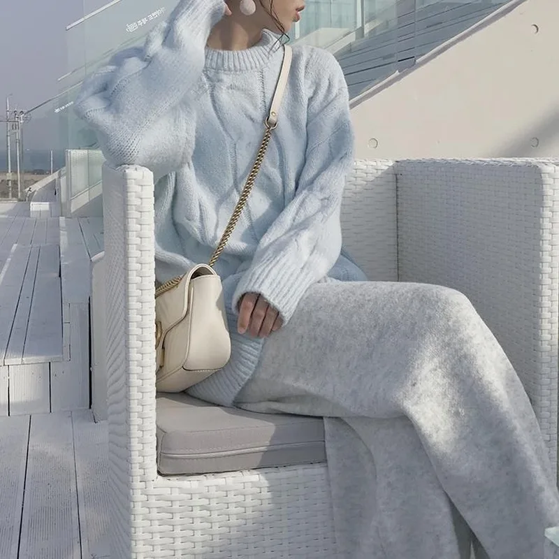 

Women Elegant Mohair Oversize Sweater Ribbed Knitted Pullovers Loose Solid Warm Sweet Winter Clothes Women Beige Pink Blue 2021