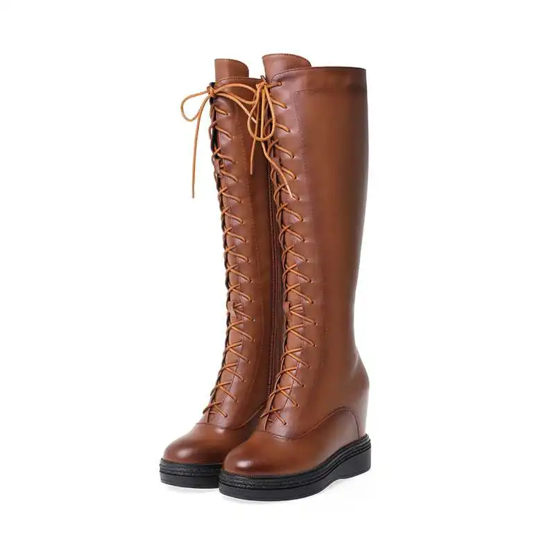 brown Lenkisen/сапоги из телячьей кожи, увеличивающие рост, на молнии сбоку, со шнуровкой, на высоком каблуке, однотонные зимние теплые женские сапоги до бедра, L07 - Цвет: brown