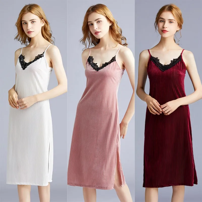 

Nightwear Sexy Thick Velvet Sleepdress Sleeveless Lace Patchwork V-neck Soft Nightwear Women Nightgown