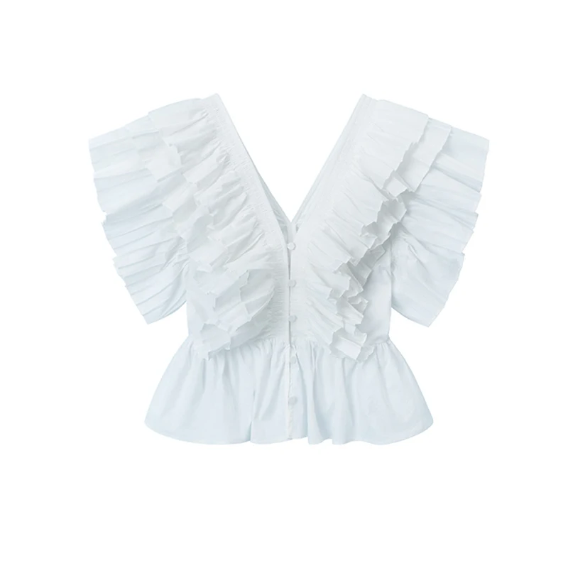 

Flying Sleeve Black Shirts Women Summer Flods Ruffles Blouse Female Loose High Street Sexy Deep V Buttons Shirts Tops