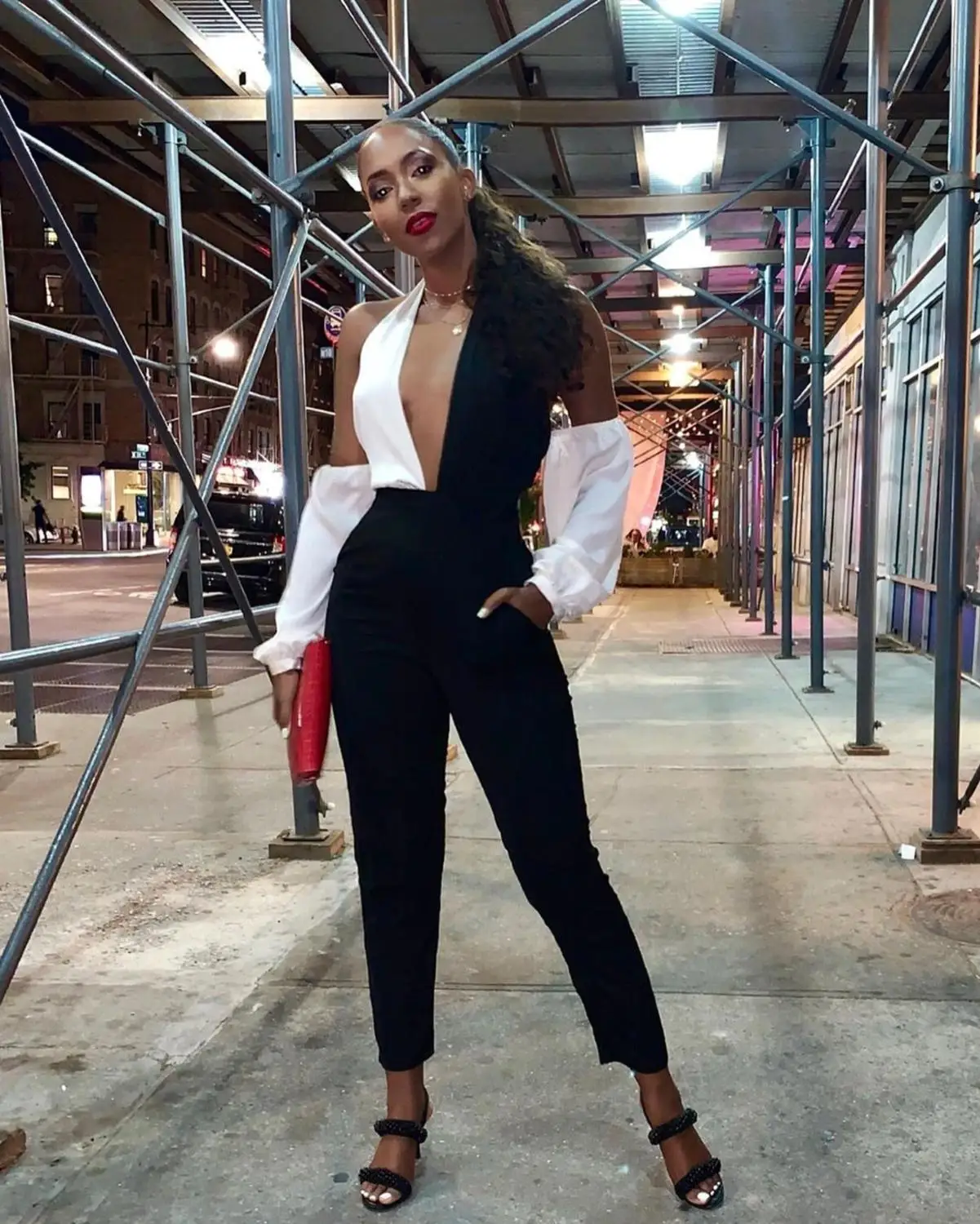 

black white patchwork slim pencil jumpsuit 2020 hot sale summer high street sexy lady deep v neck romper overalls