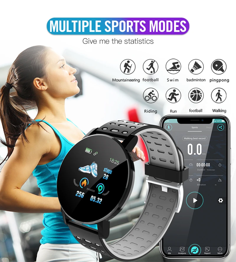 119plus bluetooth smart watch ip67 waterproof smart bracelet blood pressure sport tracker menwomen smartwatch for android ios free global shipping