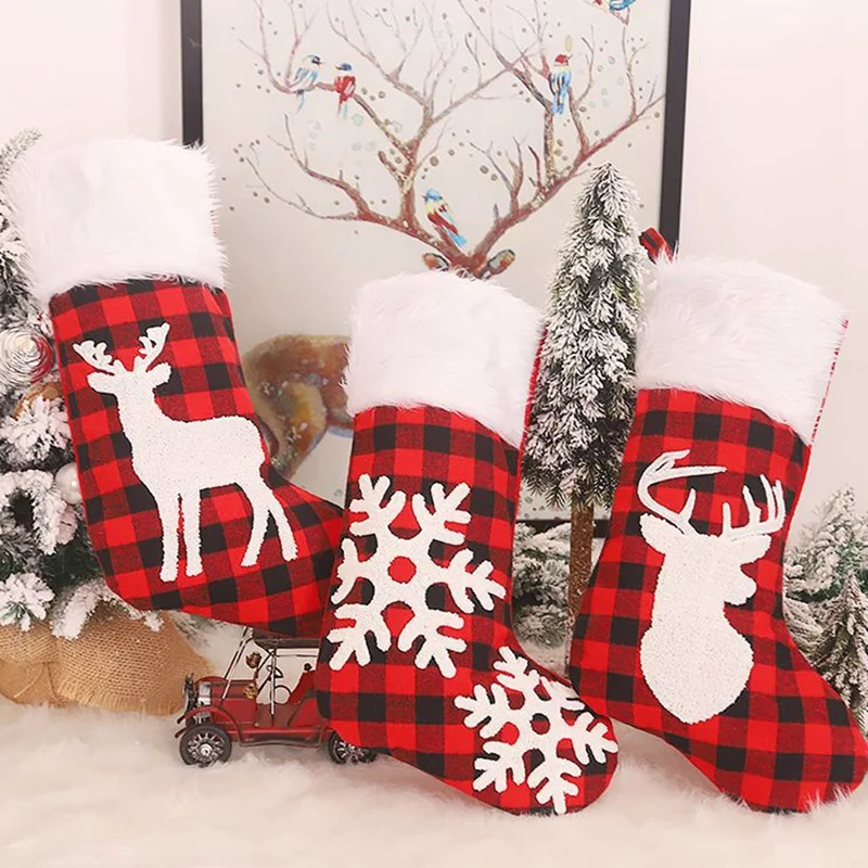 Christmas Decorations White Fur Collar Jacquard Embroidered Plaid Socks Tree Ornaments | Дом и сад