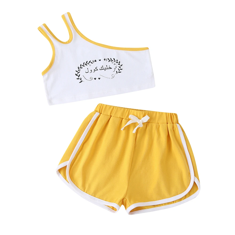 

Fashion Kids Girls Clothes Sets Kids One Shoulder Printed Tops+ Shorts 2pcs Outfits Children Clothing for 2-6Y