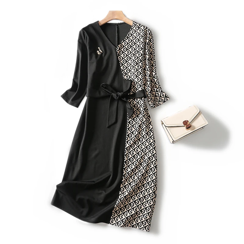 Ретро контрастный v образный вырез элегантный и благородный пояс на талии