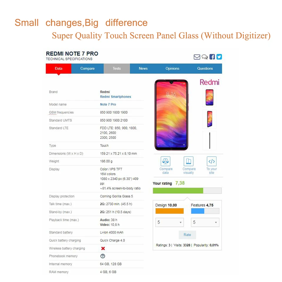 Панель сенсорного экрана для Xiaomi Redmi Note 7 Pro передняя внешняя стеклянная линза