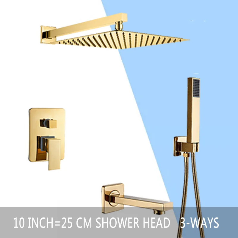 3ways 10 inch Золотой Ванная комната душа комплект 3 канальный осадков Системы Настенный 8 10 12 ''Насадки для душа латунь Ванна Носик Смеситель для горячей и холодной воды - Цвет: 3ways 10 inch