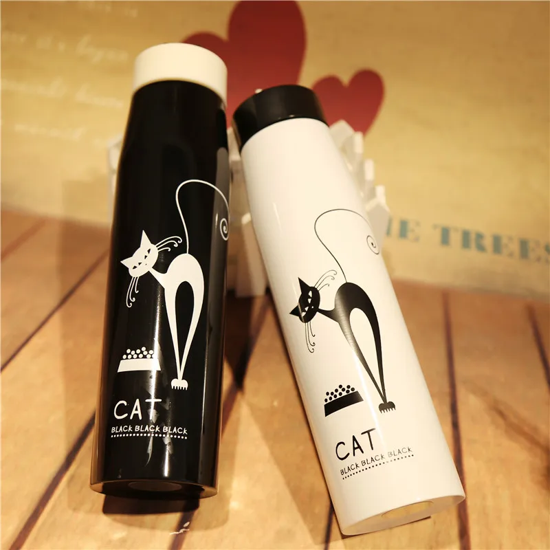 New type of thermos cup male and female students Korean fresh art black white simple cat cute lovers water portable | Дом и сад