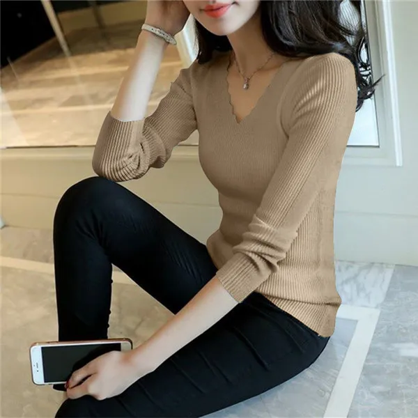 khaki Pull Femme Hiver, Осень-зима, вязаные женские свитера и пуловеры, v-образный вырез, длинный рукав, одноцветные, тонкие, женские топы, Chandail Femme - Цвет: khaki