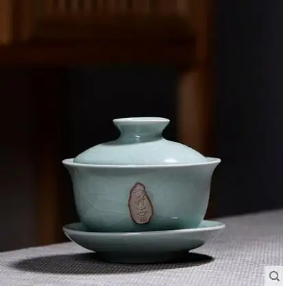 Керамическая чашка с тремя крышками стакан для чая большая сине белая фарфоровая