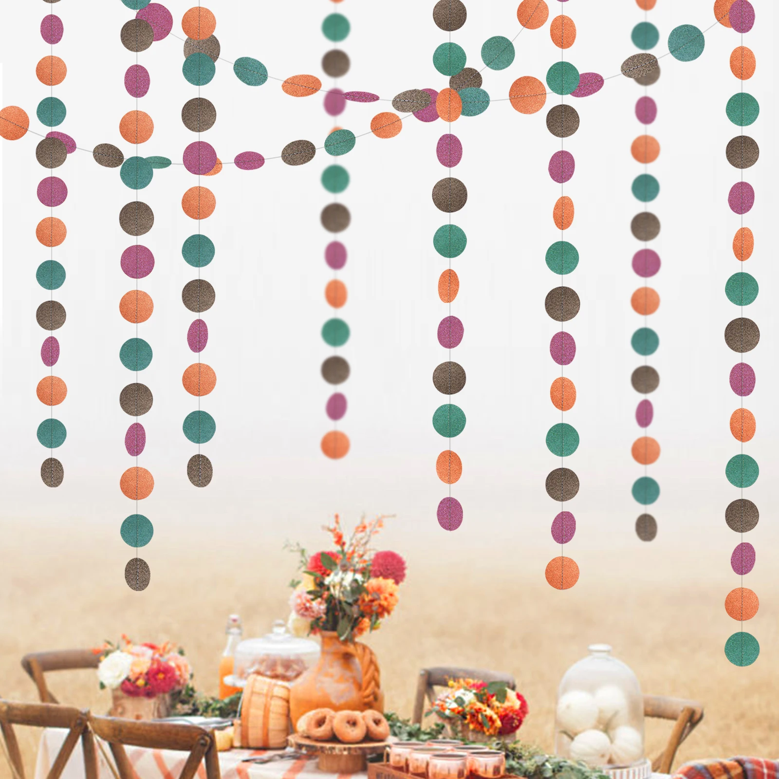 

Thanksgiving Day Fall Forest Theme Party Decor Green Brown Paper Circle Polka Dot Hanging Garlands Autumn for Wedding DIY Decor