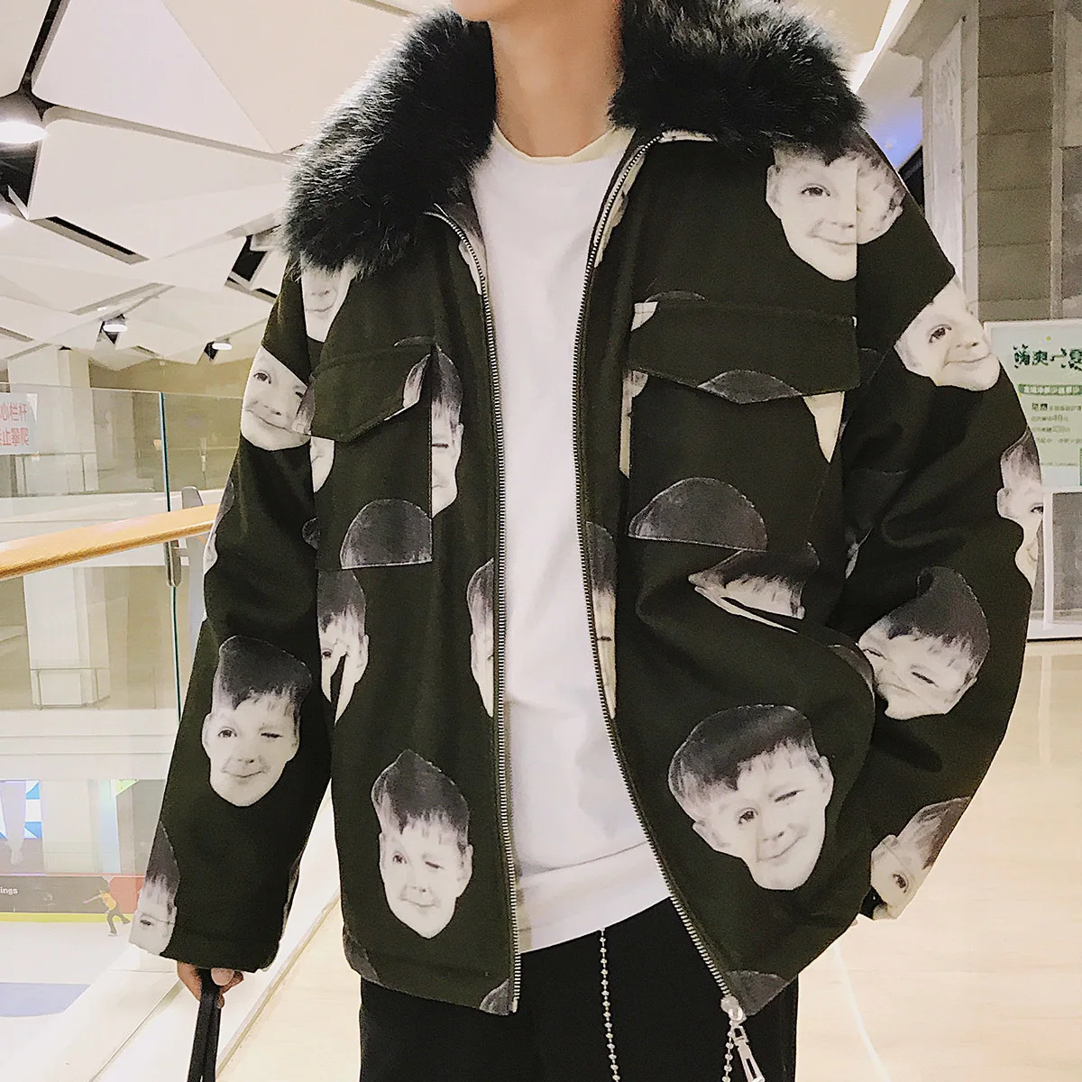 green Зимние ветровки куртки с меховым воротником для мужчин Veste Homme Winterjas Heren Personal Print Parkas куртка мужская повседневная верхняя одежда - Цвет: green