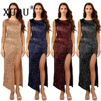 xuru europe and america selling womens sequin dress sexy temperament split solid color dress