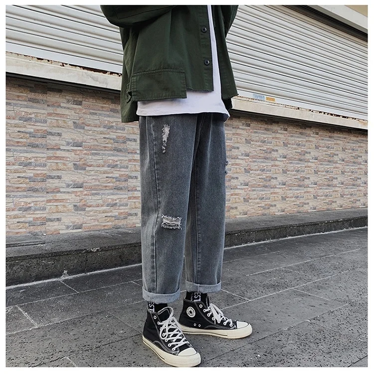 Jeans Ripped Mens Pants Straight Loose Capri-Pants Korean Blue Jeans Casual Male Hiphop Fashion Streetwear Distressed Jeans