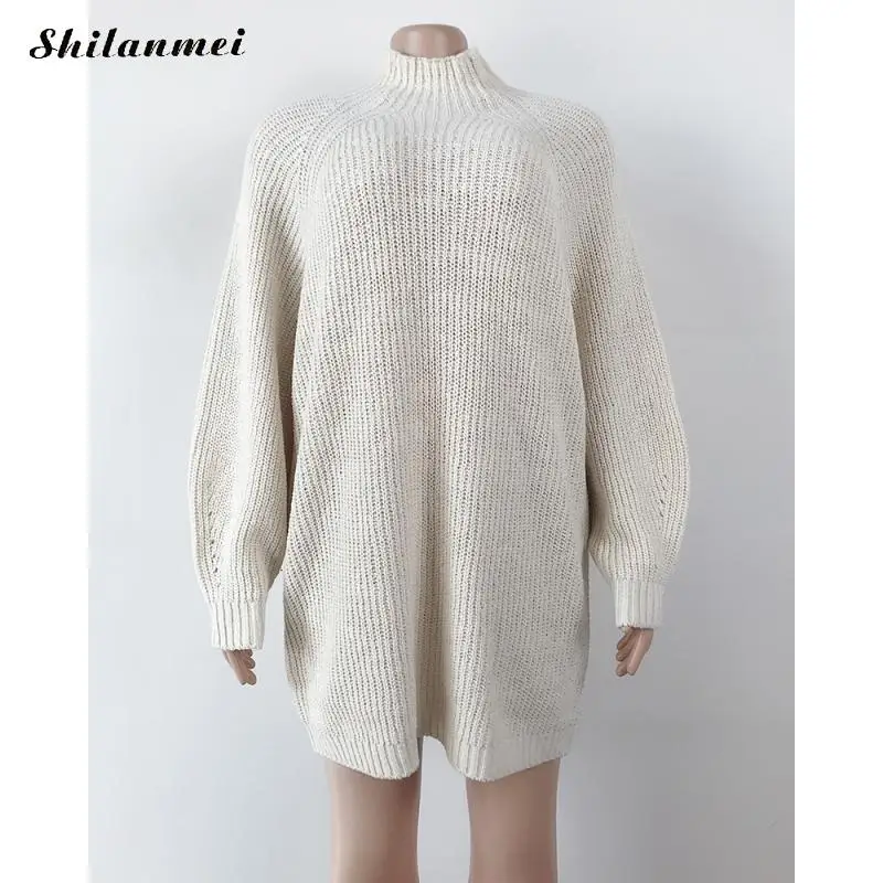 Модное женское вязаное платье свитер средней длины с высоким воротом зимние