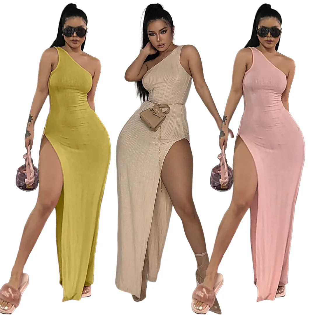 

One Shoulder Ribbed Knitted Dress Woman Sleeveless One Shoulder Side High Slit Night Club Party Irregular Vestidos