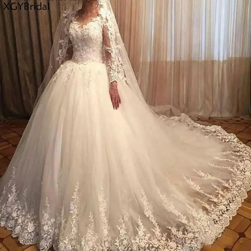 

New Elegant Ball Gown Bridal Dress Long Sleeves Lace Applique Wedding Dress 2021 Chaple Train Saudi Arabia Bride Gown Plus Size