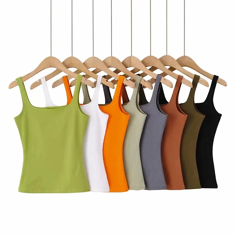 

Summer Women Square Collar Top White Black Army Green Orange Brown Grey Skinny Tank Tops