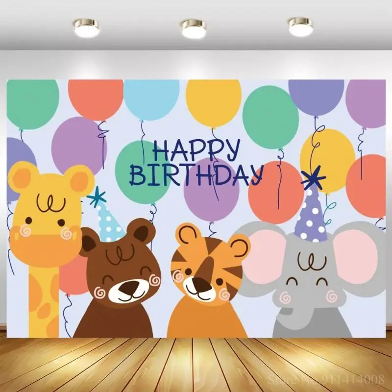 

Cartoon Tiger Elephant Balloons Birthday Party Background Photography Newborn Baby 1st Birthday Customize Backdrops Room Decor