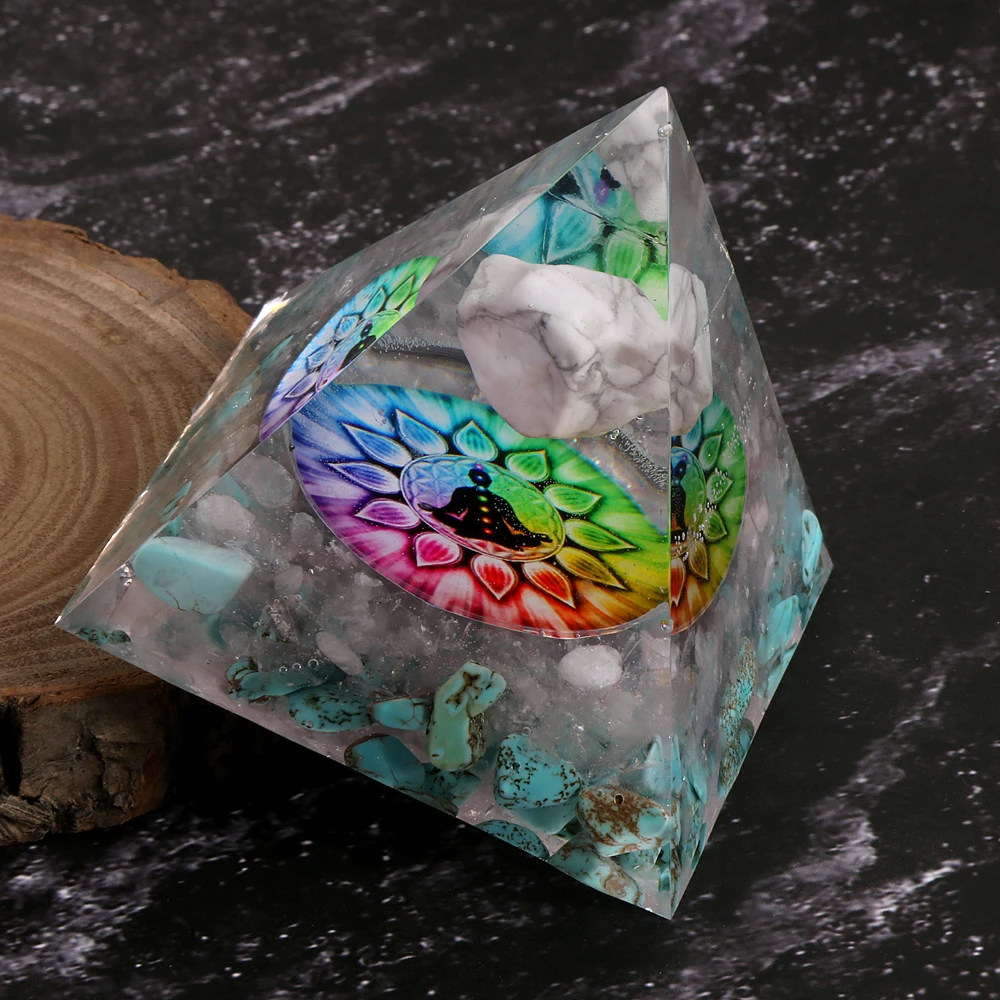 White Turquoise Gemstone Orgone Pyramids Flower Amulet Orgonite Energy Generator Meditation Balance Healing Crystal Pyramid