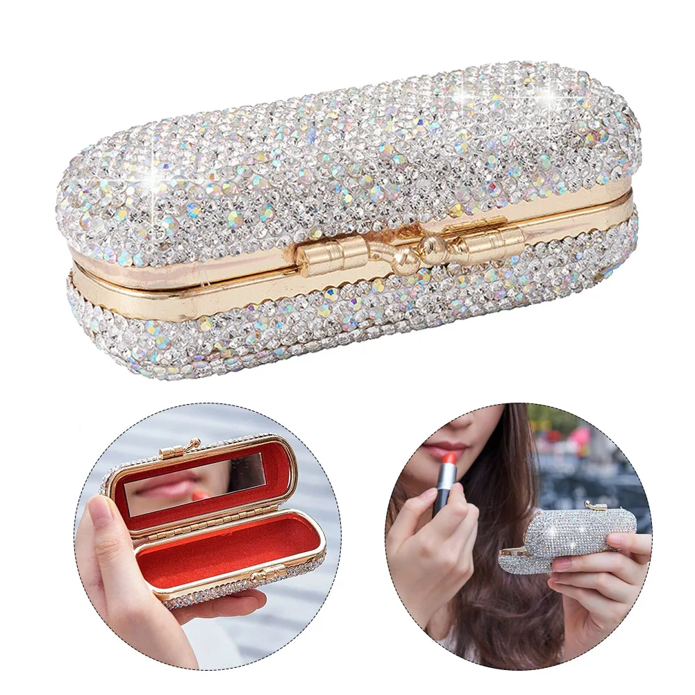 

Ladies Gift Shiny Diamonds Universal Party Home Travel With Mirror Portable Organizer Clip Holder Daily Lipstick Case Luxurious