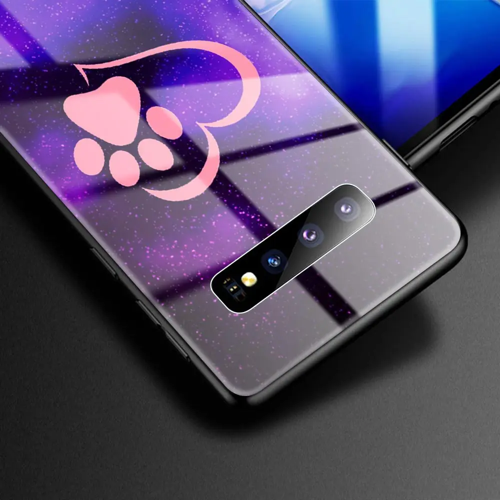 Glass Case For Samsung Galaxy S20 FE S10 S9 S8 Plus Note 20 Ultra 10 Lite 9 8 Phone Cover Shell Cat Dog Paw Animal Cartoon Capa