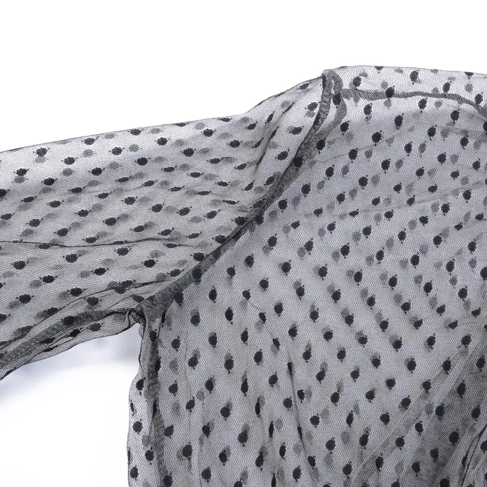 Женский укороченный топ в горошек с пышными рукавами сетчатые Футболки вырезом