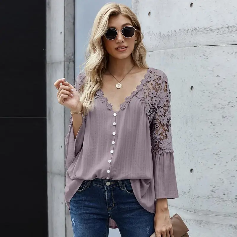 

Long Sleeve Shirt Tops Lace Stitching V-Neck Blouse Hollow Out Elegant Blouse Casual Women Loose Shirts Fashion Blouse