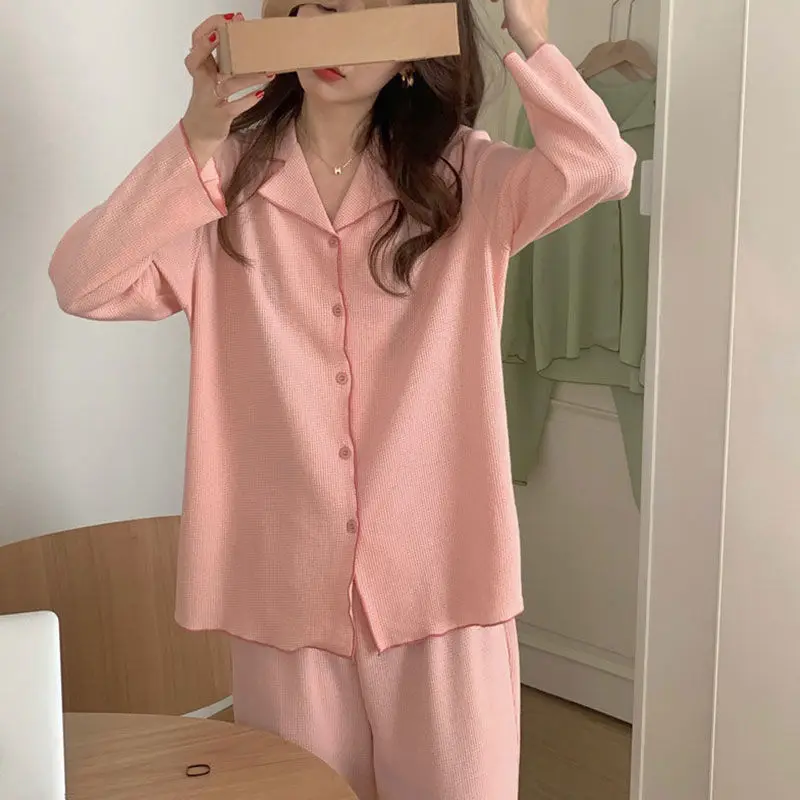 QWEEK Pijamas Women Apricot Green Pink Long Sleeve Trousers Plaid Pajamas Spring Autumn Sleepwear Kawaii Home Clothes Pyjamas