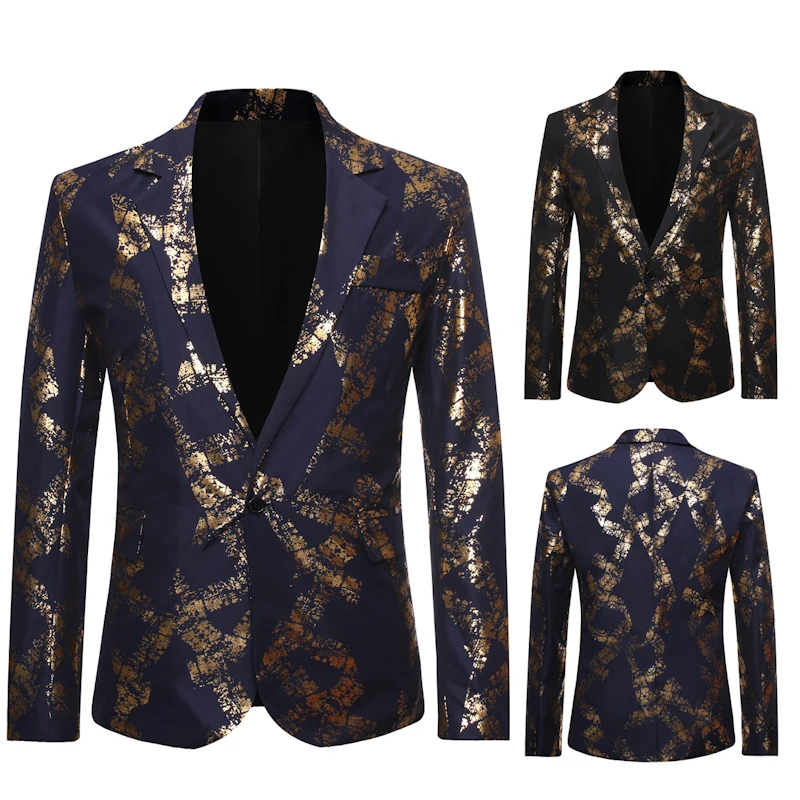 2019 Новая мужская на одной пуговице Золотая фольга печать костюм свадебный