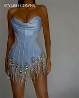 sexy sky blue short prom dresses for black girls 2022 beaded tassel diamond birthday party gown mini cocktail dress homecoming