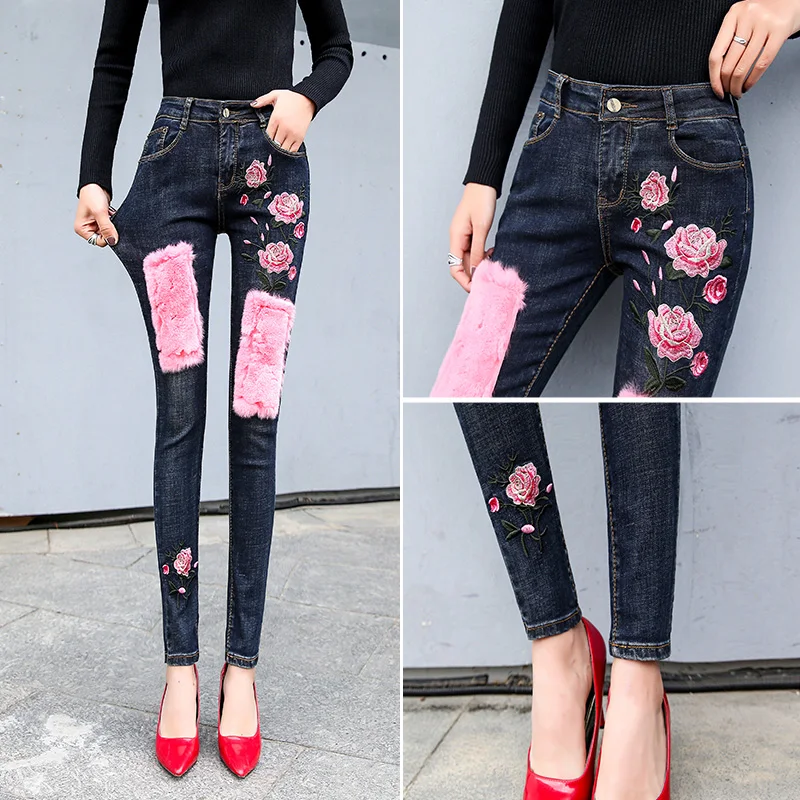 

Europ Style Fashion Pink Flowers Embroidery Jeans 2020 New High Waist Ladies Denim Pencil Pants Trousers Girls Plus Size Jeans
