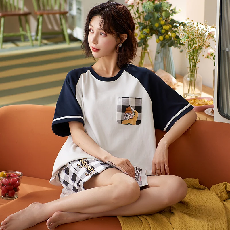 

New Pajamas Set Summer Cool Girls Short Sleeve Top Shorts 2 Piece Sleepwear Korean Sweet Cartoon Cotton Plaid Ladies Homewear