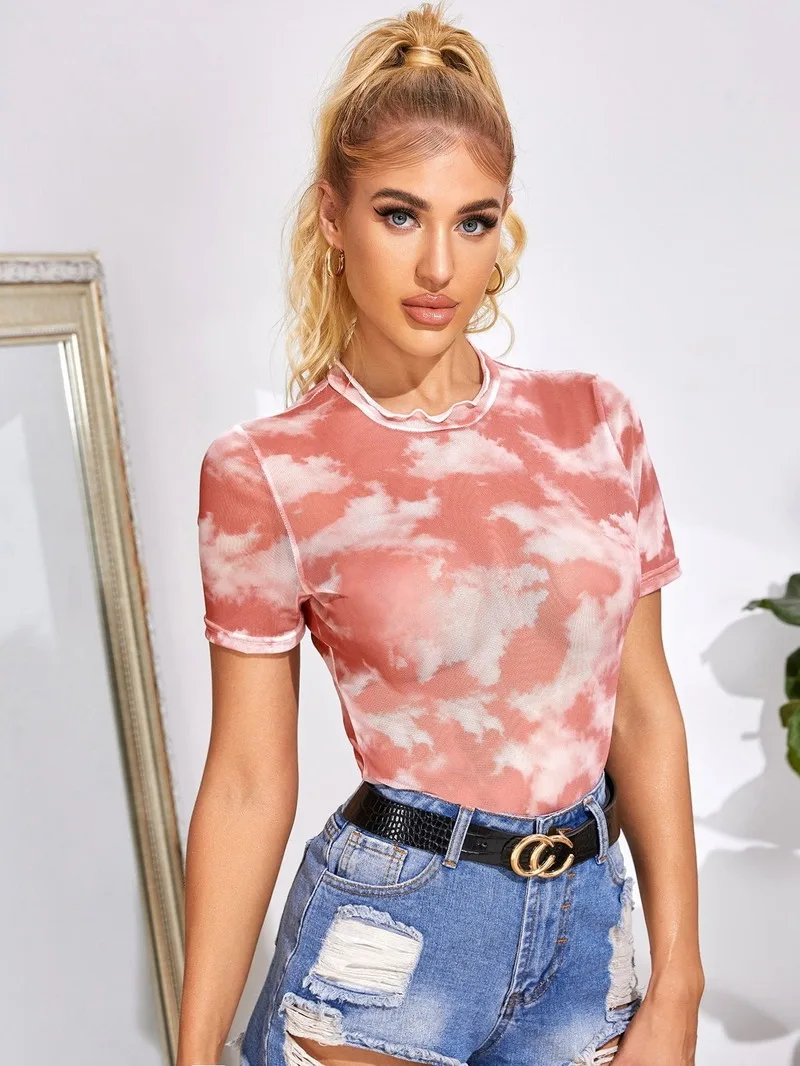 

Футболка женская с круглым вырезом, Модная приталенная рубашка с принтом тай-дай, уличная одежда, повседневный розовый топ с коротким рукав...