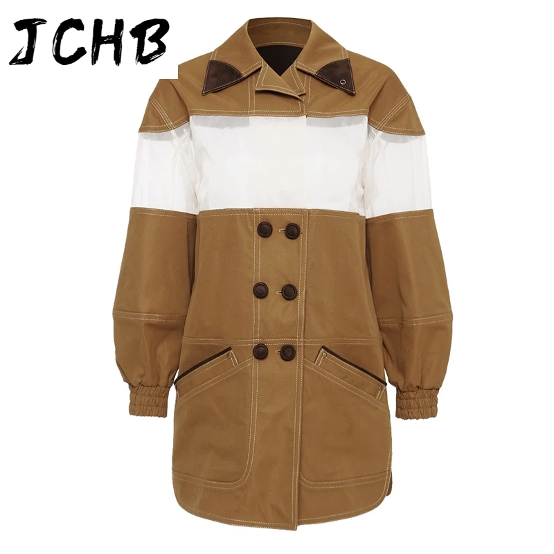 

JCHB 2021 new turn-down collar full sleeves double breasted khaki color see through mid length jacket female coat WM28904