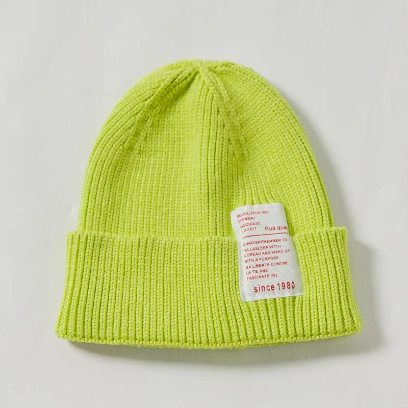 Fluorescent green Унисекс зимний ребристый трикотажный шапочки и шапочки для женщин, Детские однотонные Теплые повседневные Шапки вязаные розовые шапочки для родителей и детей - Цвет: Fluorescent green