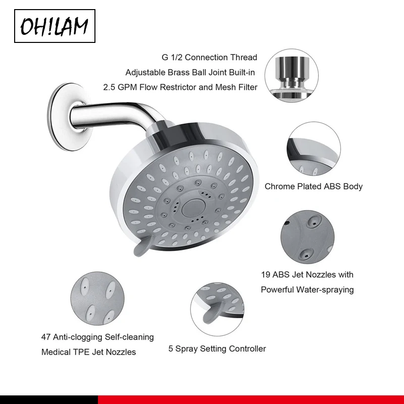 high pressure fixed shower head 5 setting bathroom showerhead 4 inch high flow shower head adjustable metal swivel ball joint free global shipping