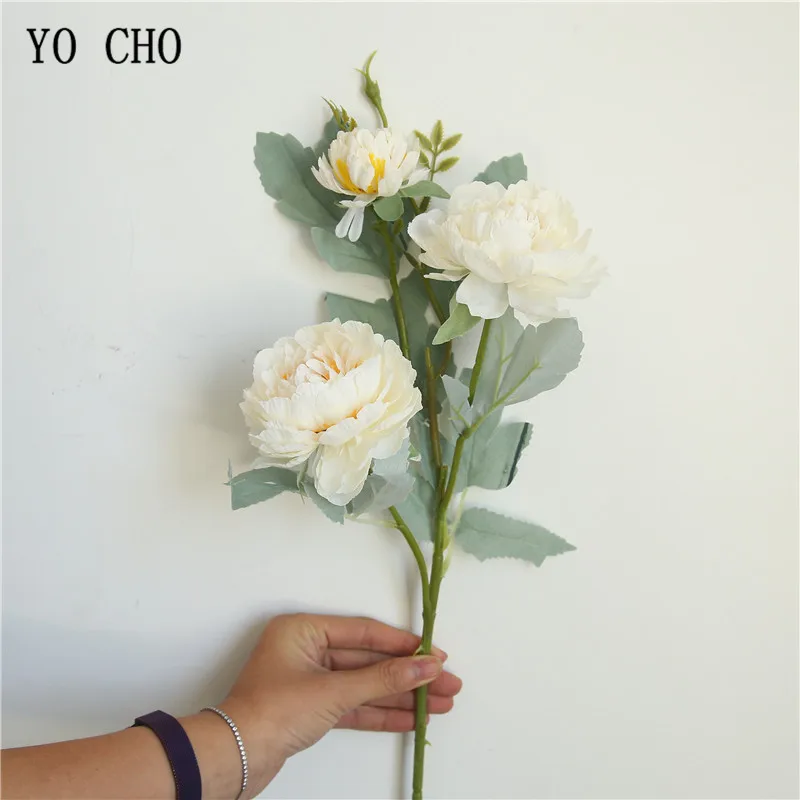 

YO CHO Artificial Flower 3 Heads Silk Rose Peony Fake Flowers Home Party Wedding Wall Decor Flower Arrangement DIY Rose Bouquet