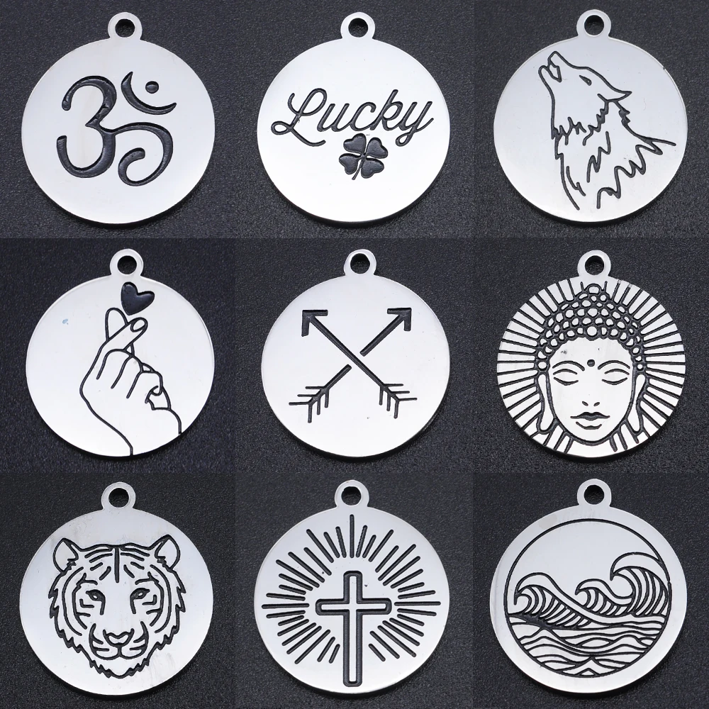 

5pcs/Lot 100% Stainless Steel Charms Round Disc Curved Yoga Wolf Buddha Heart Tree Pendant Diy Jewelry Making Findings 19x22mm