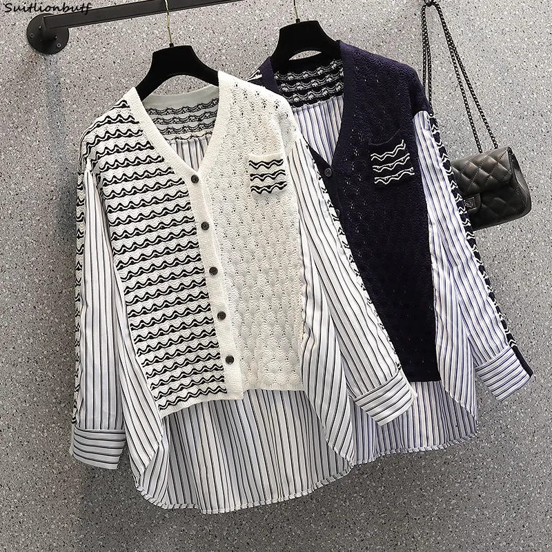 

4XL Stripe Blouses Women Fake Two Piece Long Sleeve Oversized Irregular Shirt 2022 Spring Autumn Korean Plus Size Chiffon Tops