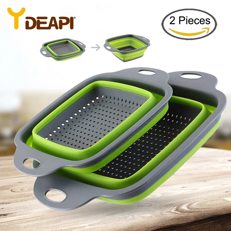 

YDEAPI Foldable Fruit Vegetable Washing Basket Strainer Portabl Silicone Colander Collapsible Drainer With Handle Kitchen Tools