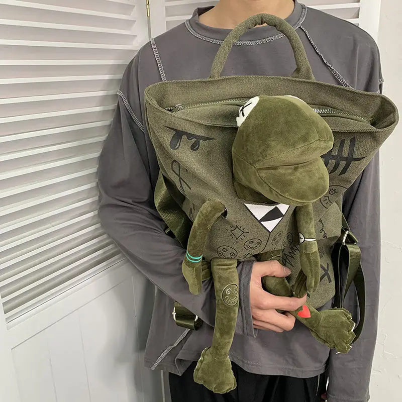 Men's Trendy Cool Graffiti Canvas Backpack Man Original Street Fashion Frog Doll School Bag Unisex Casual Backpack