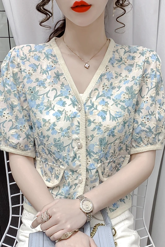 

COIGARSAM Short Shirt Womens tops Summer Floral Print Puff Sleeve V-Neck Women shirts Pink Blue 9053