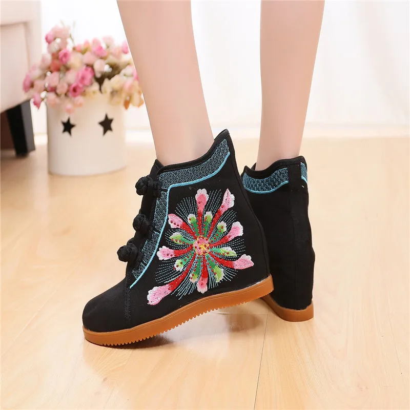 Женские кроссовки со скрытым каблуком 7 см высокие в национальном стиле с