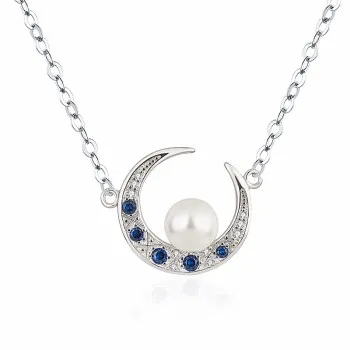 

Silver Color Treasure Natural White Pearl Crescent Pendant Necklace Blue Spinel Micro Inlaid Crescent Pendant TTZ009XL