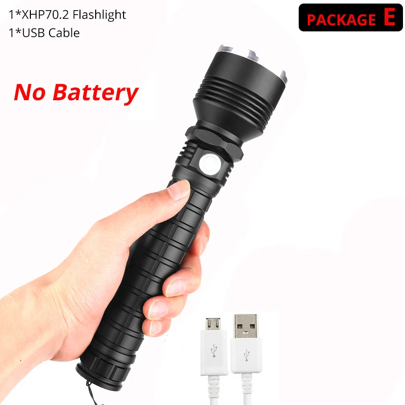 Package E-NO Battery Яркий светодиодный фонарик xhp70.2 самые мощные фонарики usb zoom torch xhp70 xhp50 26650 18650 перезаряжаемая лампа для кемпинга - Испускаемый цвет: Package E-NO Battery