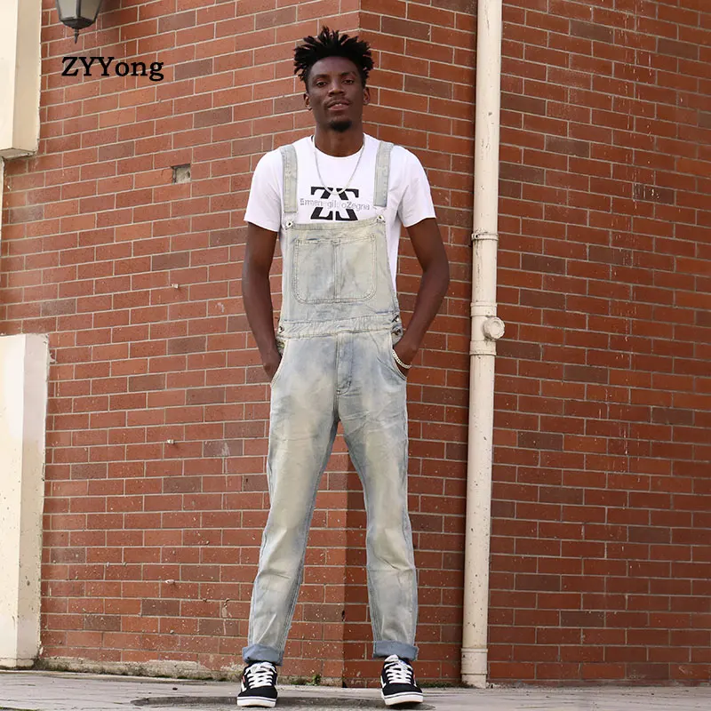 2021 Overalls Men's Bib Jeans Denim Jumpsuit Large Hip Hop Street Wear Fashion Pocket Loose Pants Light Blue Trousers