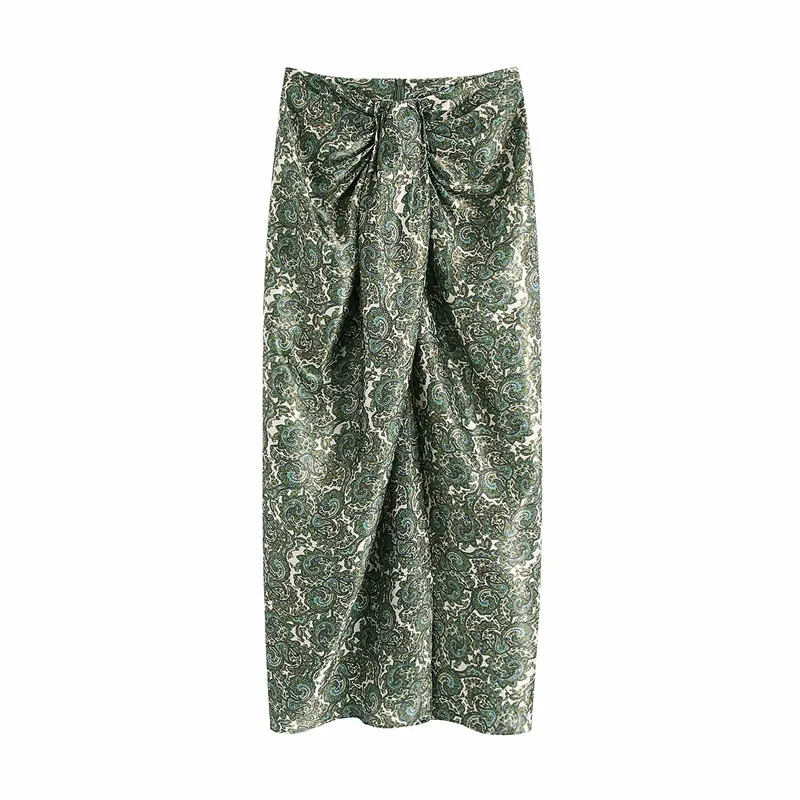 

Evfer Green Print Womens 2021 Za Fashion Front Knotted Long Skirts Chic Ladies Casual Back Zipper High Waist Slit Skirt Faldas