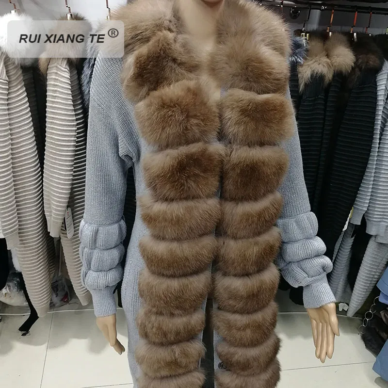 RuiXiangTe женское натуральное меховое пальто шерстяное вязаное с лисьим воротником зимняя куртка натуральный Лисий мех пальто зимнее длинное пальто